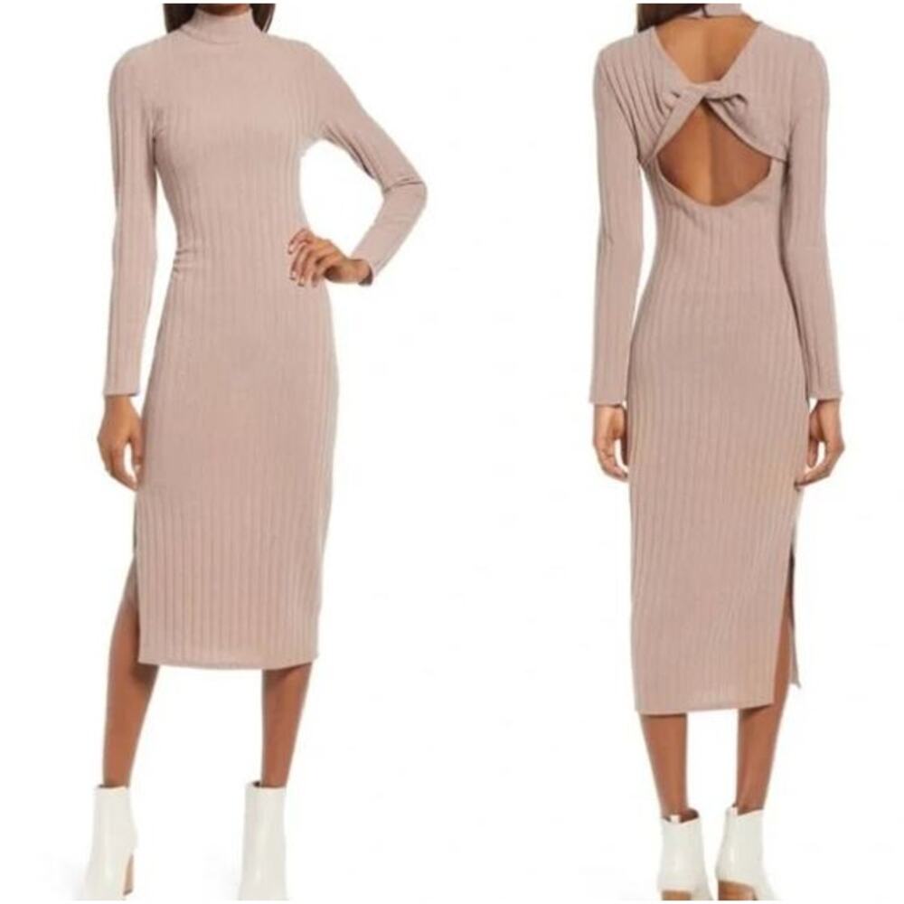 Floret Studios Mocha Twist Back Long Sleeve Ribbed Sweater Dress NWT Medium